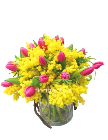 Bouquet di tulipani con mimosa.